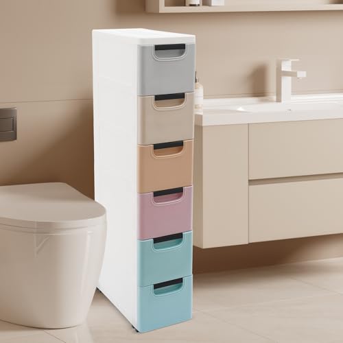 6 Drawers Narrow Storage Cabinet, Slim Rolling Cabinet with Wheels 77.16lbs Loading Capacity, Mobile Utility Cart with Drawers for Small Spaces Living Room Bedroom Office 15.7x7.9x39.4in (Multicolor) - color: Multicolor