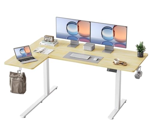 YIHAYO Reversiable L-Shaped Electric Standing Desk, 59 Inches Stand Up Corner Desk, Sit and Stand Up for Work Office Home, Ergonomic Rising Computer Table with Splice Board, Natural - color: White Frame/Natural Top, size: 59*40 Inch