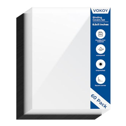 VOKOY 60 Pack 8.5x11 Inches Binding Covers and Backs Set, Letter Size Quality Un-Punched Report Covers, 30 Pcs 10mil Clear Binding Covers 30 Pcs 12mil Black Plastic Covers for Home Office - size: 60 Pack, style: 30 Pack Clear & 30 Pack Black