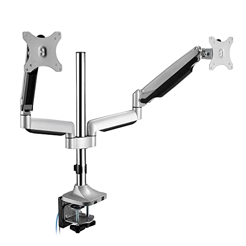 SIIG Dual Monitor Gas Spring Desk Mount W/USB Port | Mount two monitors on a desk from 13"-32" up to 19.8 lbs each; gas-spring adjustment and C-clamp confirm desk fit.