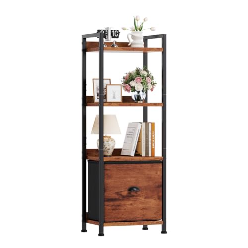 DUMOS 4 Tier Bookshelf with Fabric Drawer, Display Standing Shelf, Brown - color: Rustic Brown, size: 4 Shelf with Fabric Drawer