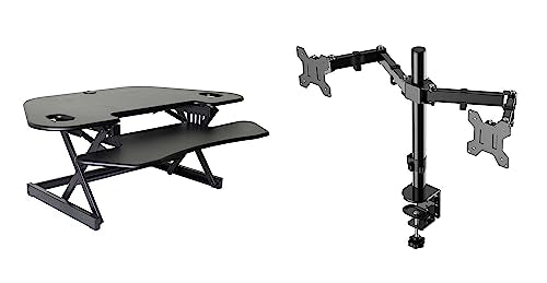 Rocelco 46" Height Adjustable Corner Standing Desk Converter with Dual Monitor Arm Bundle - Quick Sit Stand Up Computer Workstation Riser - Extra Large Keyboard Tray - Black (R CADRB-46-DM2) - color: Black, style: Riser + Dual Mount