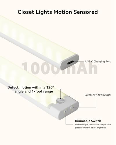Under Cabinet Lighting Wireless, 3 Packs Rechargeable Motion Sensor Light Indoor Disassembled, 3 Color Temps Closet Light Stick on, 8 Inches Under Counter Lights for Kitchen, Wardrobe, Bedroom