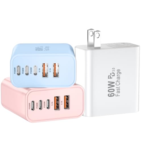 USB C Fast Wall Charger Block, 3Pack 60W USBC Charging Cubes, 5-Port PD+QC Power Adapter Multiport Brick Type C Box Plug for Phone 17/16/15/14/13/12/11/Pro Max/Plus, Pad Mini/Pro/S25/S24 - color: White+Pink+Blue