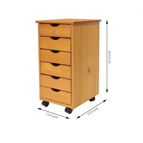 Jela-USA Solid Pine Wood 6 Drawer Rolling Cart, Honey Pine - color: Medium Wood, style: 6 Drawer