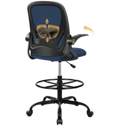 Drafting Chair Tall Office Chair with Flip-up Armrests Executive Ergonomic Computer Standing Desk Chair with Lumbar Support and Adjustable Footrest Ring (Navy) - color: Navy, size: 934-Z