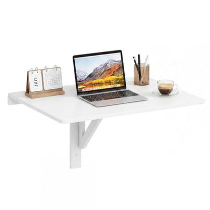 GIANTEX Wall-Mounted Folding Desk, Wooden Floating Laptop Table with Drop Leaf Design, Space-Saving Foldable Wall Desk for Study, Bedroom, Living Room, Laundry (White) - color: White