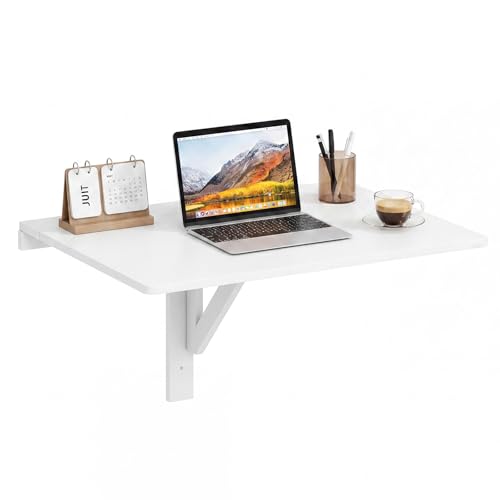 GIANTEX Wall-Mounted Folding Desk, Wooden Floating Laptop Table with Drop Leaf Design, Space-Saving Foldable Wall Desk for Study, Bedroom, Living Room, Laundry (White) - color: White