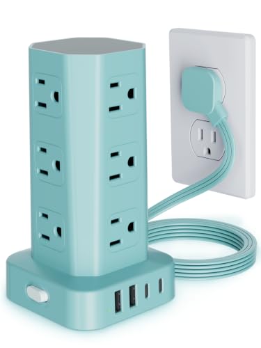 Power Strip Tower Surge Protector, 6FT Flat Plug Extension Cord with Multiple Outlets, 12 AC Outlets 4 USB (2 USB C), Desktop Charging Station with Surge Protection for Home Office Dorm Room, Blue - color: Mint, size: 6 Ft