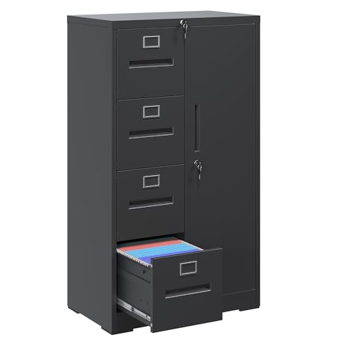4 Drawer File Cabinet with Lock & 1 Door, Metal Storage Unit with Shelves and Hanging Rod, Vertical Filing Cabinet for Home Office, Fits Letter/Legal/A4/F4, Easy Assembly (Black) - color: Black
