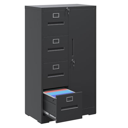 4 Drawer File Cabinet with Lock & 1 Door, Metal Storage Unit with Shelves and Hanging Rod, Vertical Filing Cabinet for Home Office, Fits Letter/Legal/A4/F4, Easy Assembly (Black) - color: Black