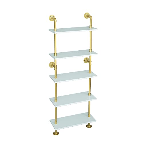 5 Shelf Modern Gold Bookshelf, Wall Mount White Bookcase, Ladder Shelf with Metal Frame, Display Shelf Shelves for Living Room/Home/Office - color: Gold, size: 5 tier
