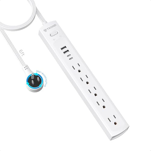 TROND Surge Protector Power Strip with 360° Rotating Flat Plug, White - color: White, size: 6 ft