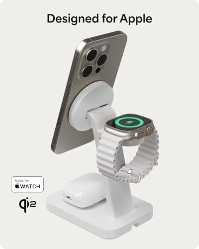 Mophie Snap+ 3-in-1 Wireless Charging Stand - MagSafe & Qi2 Certified, Compatible w/iPhone 17/16/15/14/13/12, Apple Watch, AirPods - Multi-Device Magnetic Charging Station, Eco-Friendly Design, White