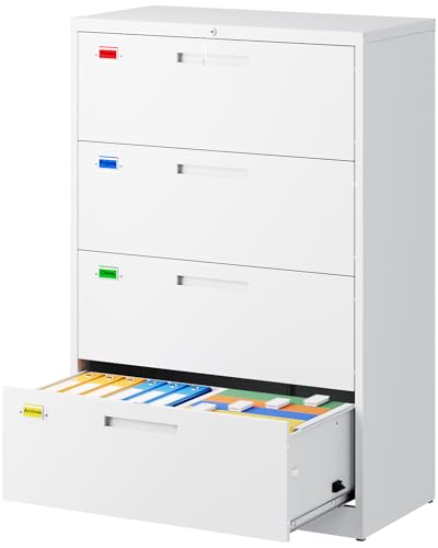 PEUKC 4 Drawer File Cabinet, Lateral Filing Cabinets for Home Office, Office Storage Drawers with Lock, Hanging Files Legal/Letter A4 Size (Assemble Required,White) - color: White, size: 52"H