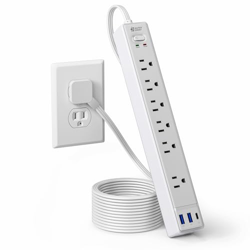 SUPERDANNY 6Ft Thin Extension Cord, Flat Plug Surge Protector Power Strip | Charging Station with 6 Outlets & 3 USB Ports, Wall Mountable Outlet Extender for Home, Office, College Dorm Room Essentials - color: White, size: 6FT
