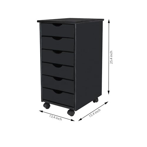 Jela-USA Solid Pine Wood 6 Drawer Rolling Cart, Black - color: Black, style: 6 Drawer