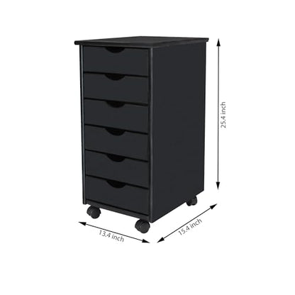 Jela-USA Solid Pine Wood 6 Drawer Rolling Cart, Black - color: Black, style: 6 Drawer
