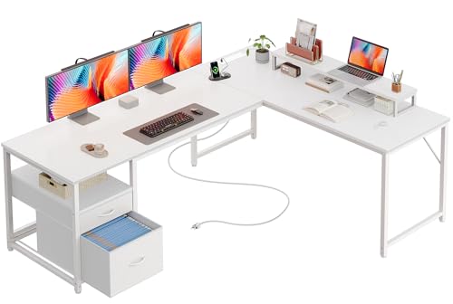 63 Inch L Shaped Desk with Power Outlets and USB-C Port, Computer Corner Home Office Desk with File Fabric Drawers and Movable Monitor Stand, Larger Storage, Gaming, Writing, Work, White - color: White, size: 63 inch
