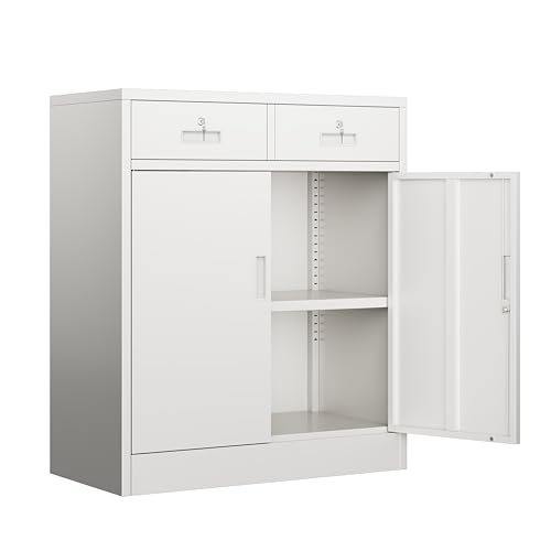 BESFUR Metal Garage Storage Cabinet with Two Lockable Drawers 2 Locking Doors and an Adjustable Shelf, 36" White Metal Short Storage Cabinet for Home Office, Garage,School,Utility Room - color: White, size: 36"H x 31.5"W x 16"D