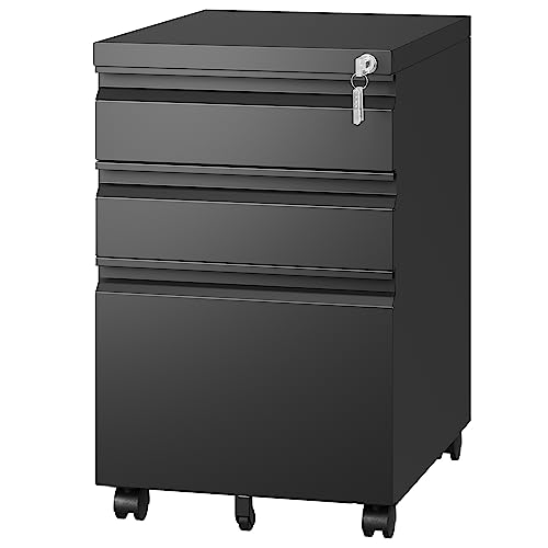 Letaya 3 Drawer Mobile File Cabinet with Lock,Under Desk Metal Filing Cabinets for Home Office Organizer Letters/Legal/A4((Fully Assembled-Black) - color: Black, size: 14.57"W X 17.32"D X 24.40"H (Fully Assembled)