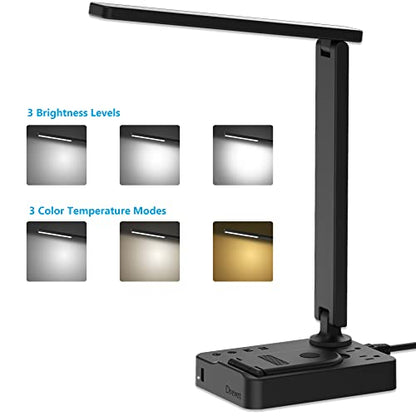 Drevet LED Desk Lamp with Wireless Charger, Desk Table Light with USB Charging Port and 2 Outlets, 3 Lighting Modes, 3 Level Brightness, 1H Timer, Touch Control, Eye-Caring Home Office Foldable Lamp - color: Black2.0 with wireless charging