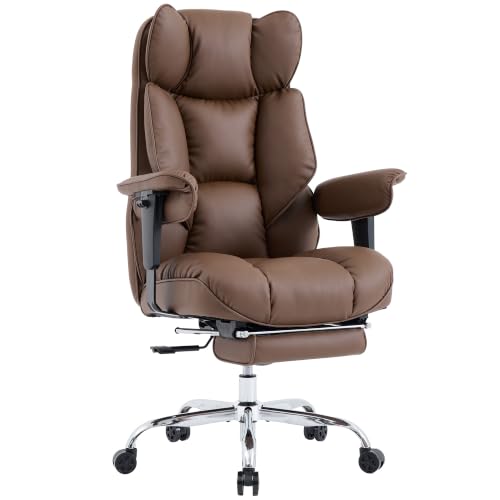 Efomao Executive Office Chair 400lbs,Brown Big and Tall Desk Chair | Mattress-grade pocket spring cushion, sleek leather, 135° recline & footrest for computer gaming setup. - color: 3084p-brown