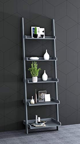 Modern 5 Tier Leaning Wall Ladder Bookshelf, Gray, 70 Inches | Storage Rack, Organizer - color: Grey