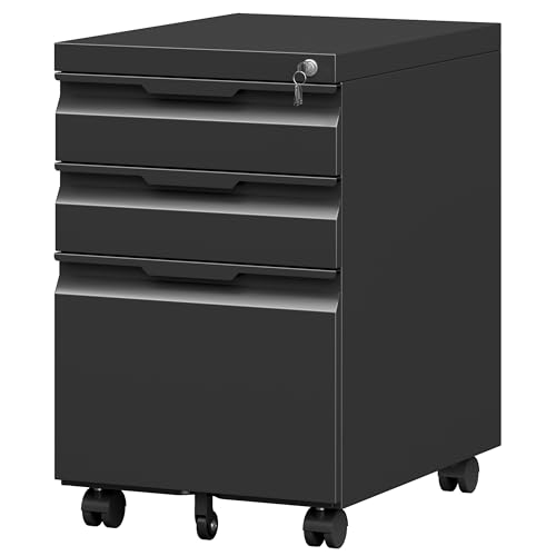 Mobile File Cabinet with Lock,3 Drawer Under Desk Metal Rolling Filing Cabinets for Home Office Organizer A4/Letter/Legal,Easy Assembly,Black - color: Black, size: 3 Drawer-Mobile