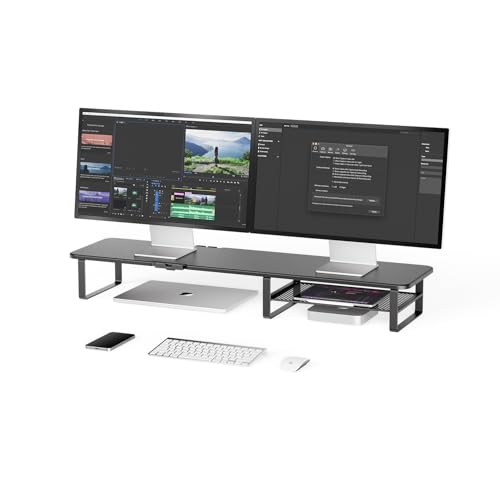 TRIN&AUSAN Monitor Stand Riser, Wooden Dual Monitor Desk Organizer with Storage Shelf, Ergonomic Computer Screen Riser for Laptop, PC, iMac, Office Desktop Accessories Holder (black)