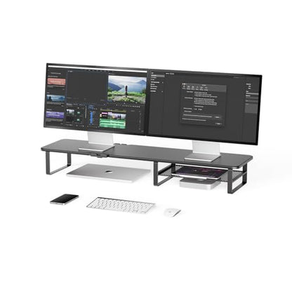 TRIN&AUSAN Monitor Stand Riser, Wooden Dual Monitor Desk Organizer with Storage Shelf, Ergonomic Computer Screen Riser for Laptop, PC, iMac, Office Desktop Accessories Holder (black)