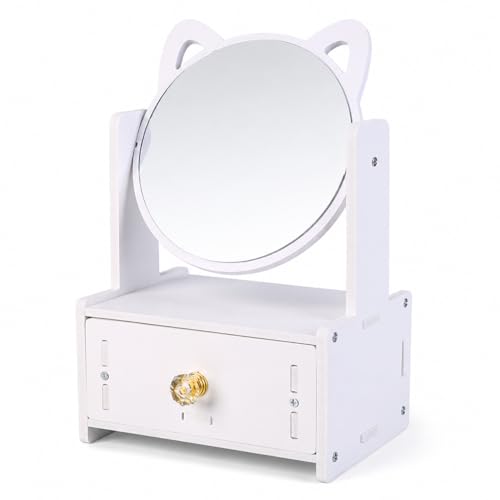Desktop Makeup Mirror Organizer with Drawers, Compact Vanity Storage Box, Round Mirror, Cosmetic, Skincare and Jewelry