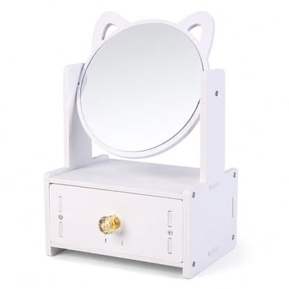 Desktop Makeup Mirror Organizer with Drawers, Compact Vanity Storage Box, Round Mirror, Cosmetic, Skincare and Jewelry