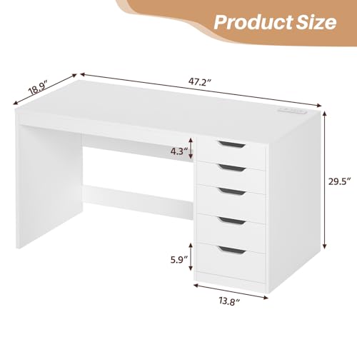 47 Inch Computer Desk with 5 Drawers and Power Outlets for Small Spaces - color: White, size: 47inch-5drawers