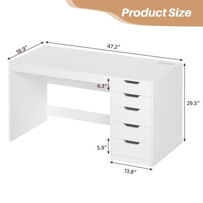 47 Inch Computer Desk with 5 Drawers and Power Outlets for Small Spaces - color: White, size: 47inch-5drawers
