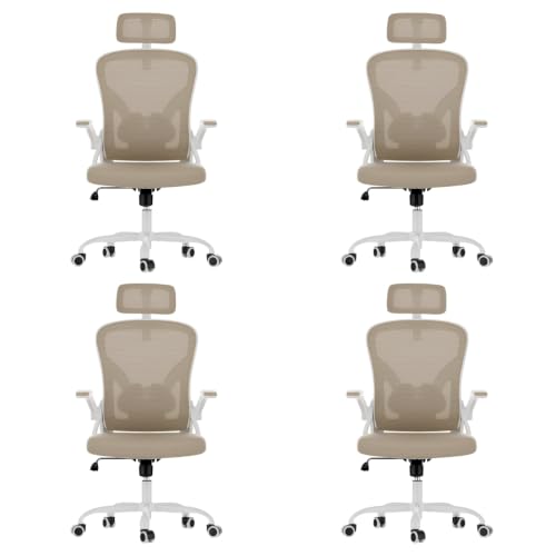 Farini Ergonomic Office Chairs with Headrest, Set of 4, White & Khaki | High Back Swivel Computer Chair, Adjustable Armrests and Lumbar Support,Desk Chair for Home Office Bedroom - color: White Khaki, size: Set of 4