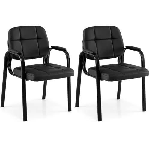GIANTEX Waiting Room Guest Chairs Set of 2, Leather Office Reception Chairs with Padded Armrests, Metal Frame, Stationary Side Chairs No Wheels for Conference Meeting Lobby Home, Black