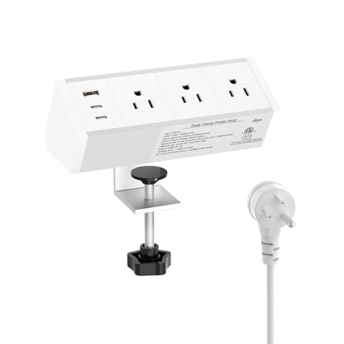 Tecmojo Desk Clamp Power Strip 3 Outlet with 1 USB A and 2 USB C Ports, 6 ft Cord, Desk Outlet Station Fit 1.6" Tabletop Edge, ETL Listed, White - color: White, size: 3 Outlets