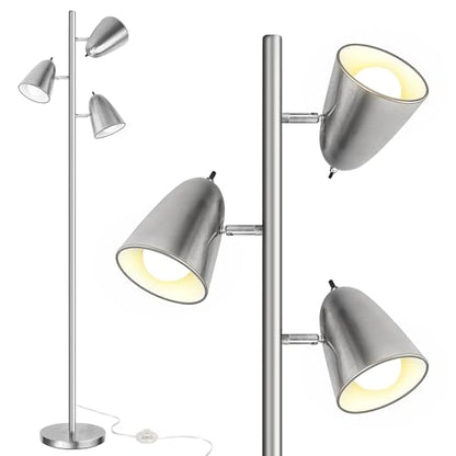 QiMH Tree Floor Lamp with 3 Light Bulbs, Standing Tall Pole Lamps for Living Room Bedroom Office, Reading Stand up Lamps with 3 Adjustable Arms,Brushed Nickel - color: Brushed Silver