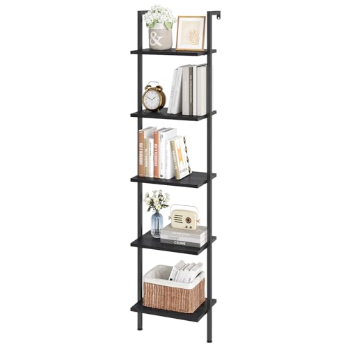 ELYKEN Ladder Shelf, 5-Tier Wood Wall Mounted Ladder Bookshelf | Leaning Storage Shelves with Metal Frame, Vintage Open Display Organizer Rack for Living Room, Bedroom, Home Office, Black - color: Black
