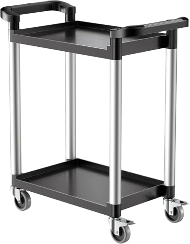 VEVOR Utility Cart, 300 lbs Load Capacity, 2-Tier Utility Plastic Cart with 360° Swivel Wheels (2 with Brakes), 24.4 x 16.1-inch Food Service Cart for Warehouse, Office, Home, Restaurant, Kitchen - style: 2 Tier-300LBS