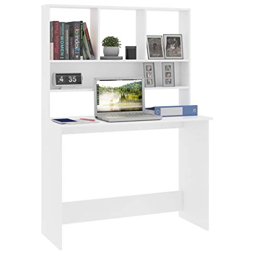 Desk with Shelves White 43.3x17.7x61.8 Inches Engineered Wood Small Space Desk for Office and Dorm - color: White