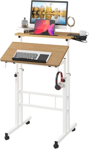 Small Standing Desk with Removable Cup Holder, Height Adjustable Mobile Laptop Stand on Wheels, Ergonomic Rolling Computer Workstation for Home Office, Portable Overbed Table for Couch & Bed, Khaki - color: Khaki
