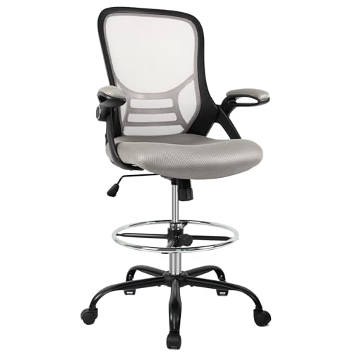 HYLONE Drafting Chair, Tall Office Chair Standing Desk Chair Grey Mesh High-Back Drafting Stool with Flip-Up Arms, Adjustable Foot Ring - color: Black Frame & Grey Mesh