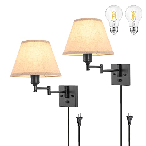 TRLIFE Wall Sconce Plug in, Dimmable Wall Sconces Set of Two Swing Arm Wall Lights with Plug in Cord and On/Off Dimmer Rotary Switch, 9.4" Medium Beige Fabric Shade(2 Pack, 2 Bulbs) - color: Beige, size: Medium