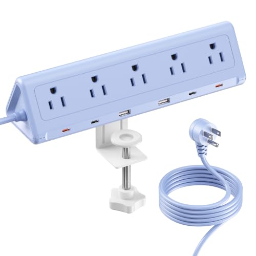 SMALLRT Blue Desk Clamp Power Strip with 6.5 FT Extension Cord, PD 40W USB-C Fast Charging Ports, 5 AC Outlets 4 USB-C 2 USB-A, Fits 2.1 inch Table Edges - color: Blue