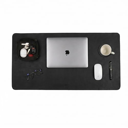 LEATHER VILLAGE Real Leather Desk Pad 3mm Thick Double Layer Desk Mat Black | 32''x16'', Cover Blotter Large Full Grain Protector for Keyboard, Mouse & Laptop, Office Table Mat & Desktop Accessories - color: Black