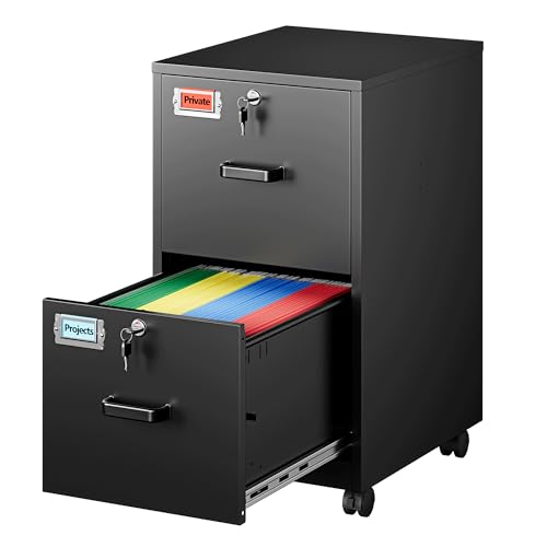 PEUKC 2 Drawers Mobile File Cabinet with Lock, Under Desk Rolling File Cabinet for Home Office, Organizes Letter Legal A4 Files, Black(Assembly Required) - color: Black, size: 27.4"H