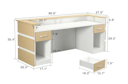 Mares 87" Wood Office Reception Desk Counter & Drawers w/Telescopic Rails & Chrome Handles | Cable Grommet Holes | Option to Add Logo | Front Table Furniture Nail Hair Beauty Salon Spa Restaurant - color: Cream