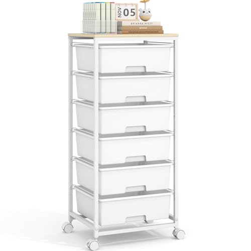 6 Drawer Rolling Storage Cart with Wooden Top and Wheels for Crafts,White - color: White